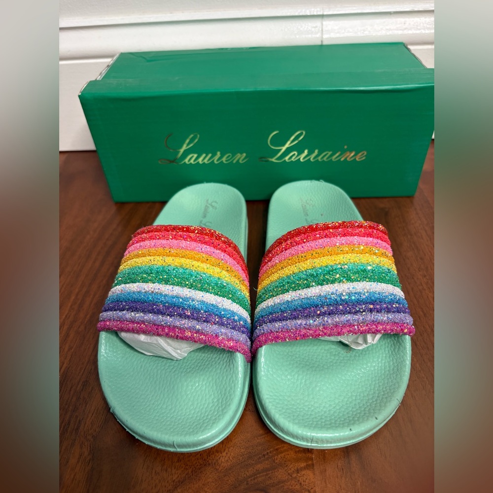 Lauren Lorraine Sparkly Rainbow Flat Sandals Women's - Picture 3 of 8